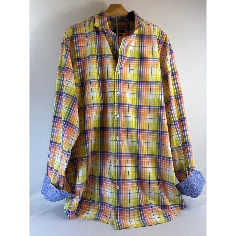 Bugatchi Classic Fit Madras Plaid Multicolor Button Shirt Men XXL